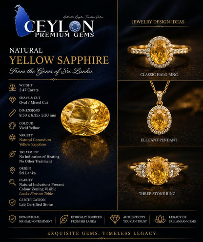 Natural Ceylon Yellow Sapphire: 2.47ct Vivid Oval Cut Gemstone (Unheated)