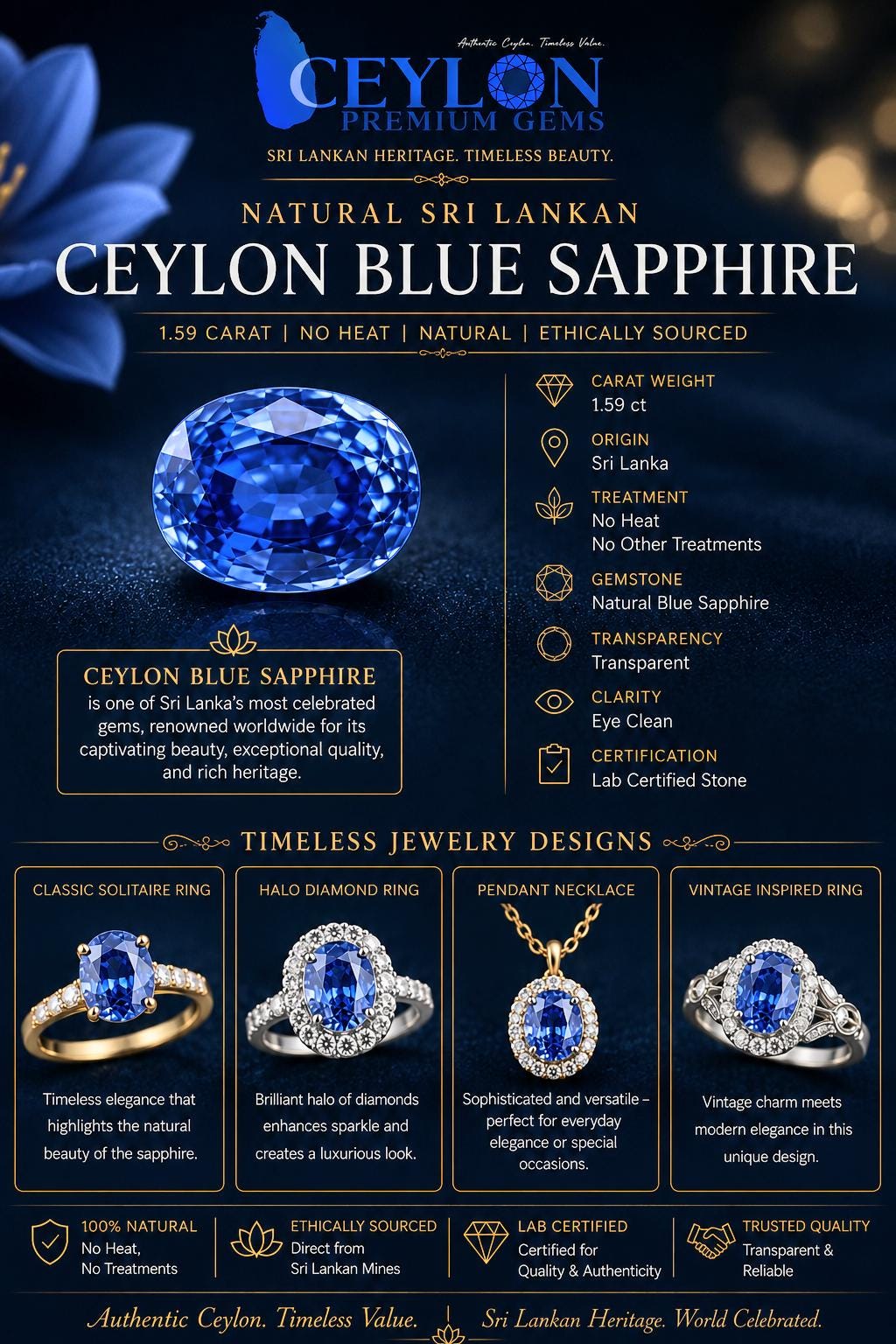 Natural Ceylon Blue Sapphire: 1.59ct Oval, Unheated, Lab Certified (7.8x5.9x4mm)