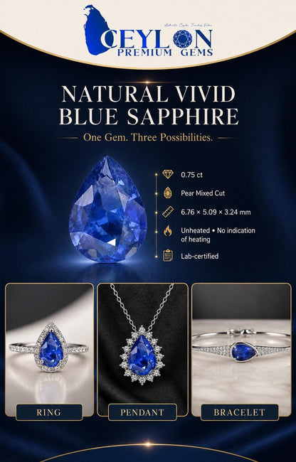 Ceylon Blue Sapphire: Vivid Blue, 0.75 crt, Non-Heated, Non-Treated, 6.76x5.09x3.24 mm, Pear Shape, From Sri Lanka, Eye Clean Stone