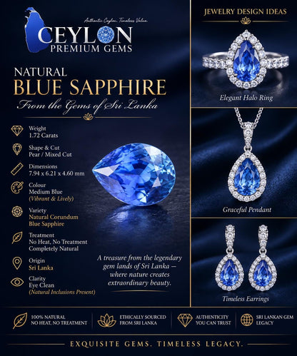 Natural Ceylon Blue Sapphire: 1.72ct Pear Shape, Unheated, Sri Lanka Origin