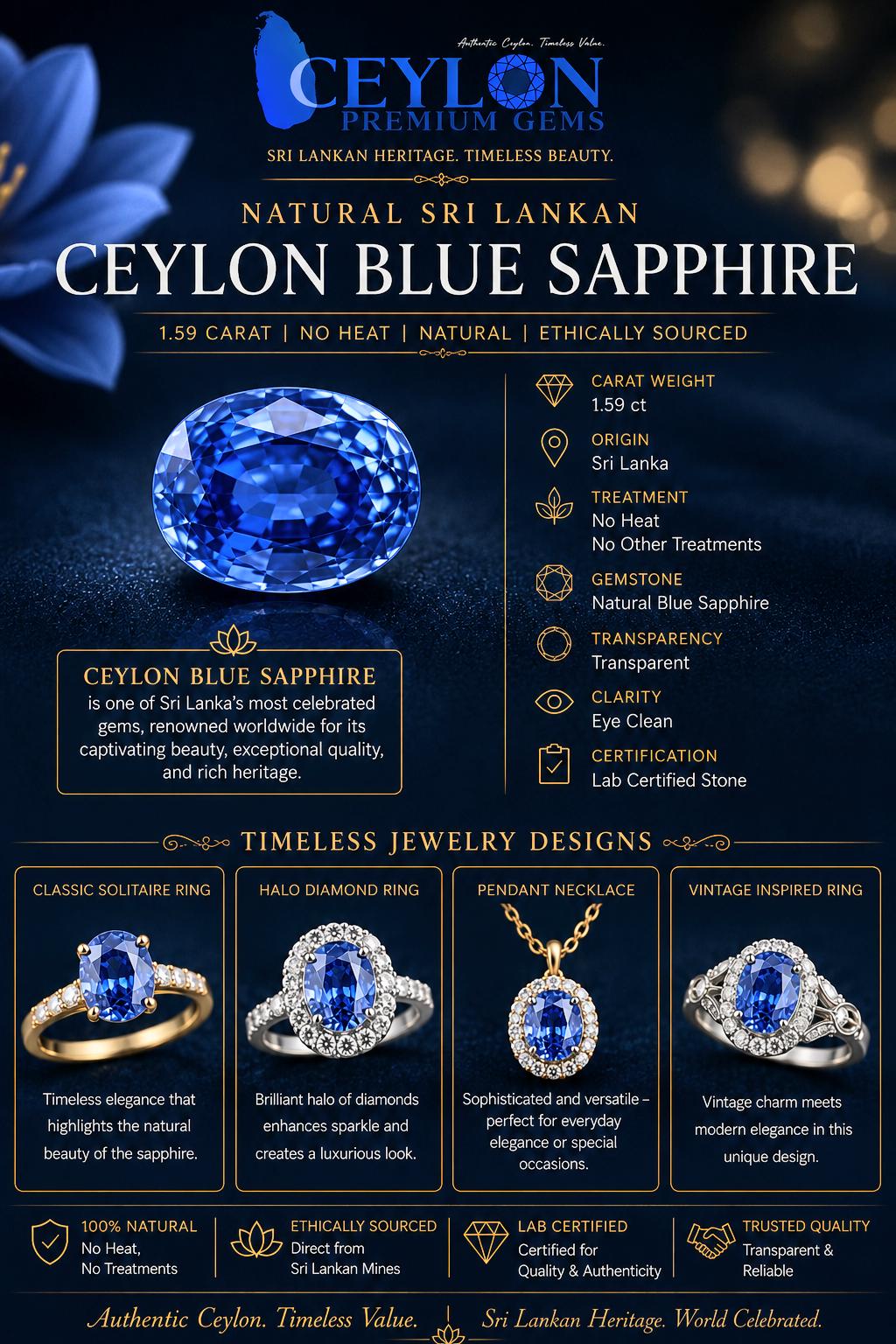 Natural Ceylon Blue Sapphire: 1.59ct Oval, Unheated, Lab Certified (7.8x5.9x4mm)