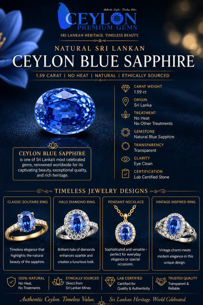 Natural Ceylon Blue Sapphire: 1.59ct Oval, Unheated, Lab Certified (7.8x5.9x4mm)