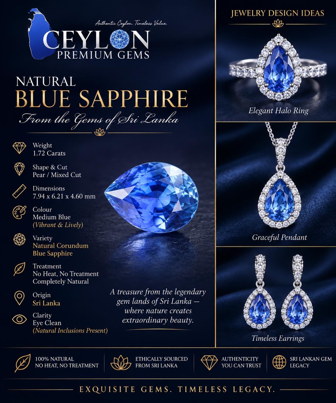 Natural Ceylon Blue Sapphire: 1.72ct Pear Shape, Unheated, Sri Lanka Origin