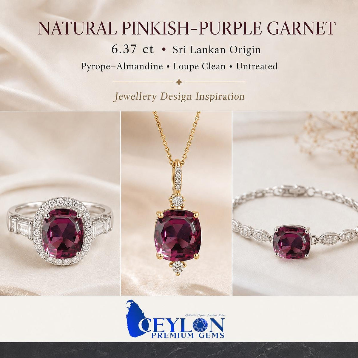 Ceylon Pinkish Purple Pyrope-Alamandine Garnet: 6.37 crt, Non-Heated, Non-Treated, Rectangulat Cushion Cut, 12.25x858x6.25 mm Loupe Clean