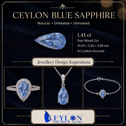 Ceylon Blue Sapphire: 1.41 crt, Non-Heated, Non-Treated, Pear Shaped, 10.04x5.20x3.69 mm From Sri Lanka