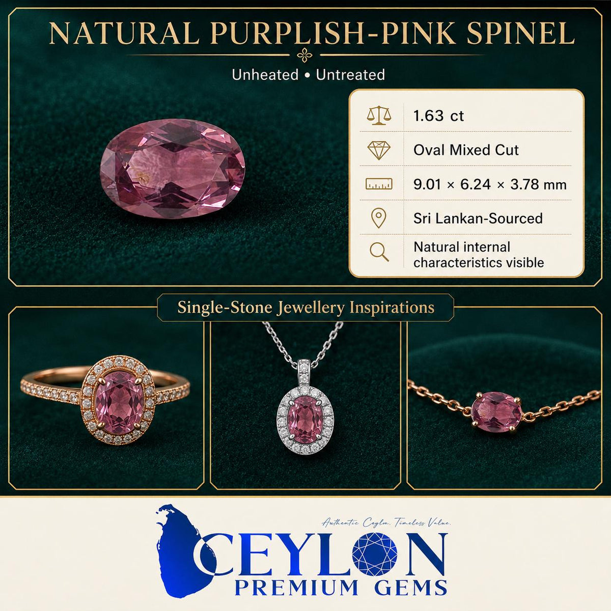 Ceylon Purplish Pink Spinnel-From Sri Lanka, 1.63 crt, Non-Heated, Non-Treated, Oval Cut, 9.01x6.24x3.78mm