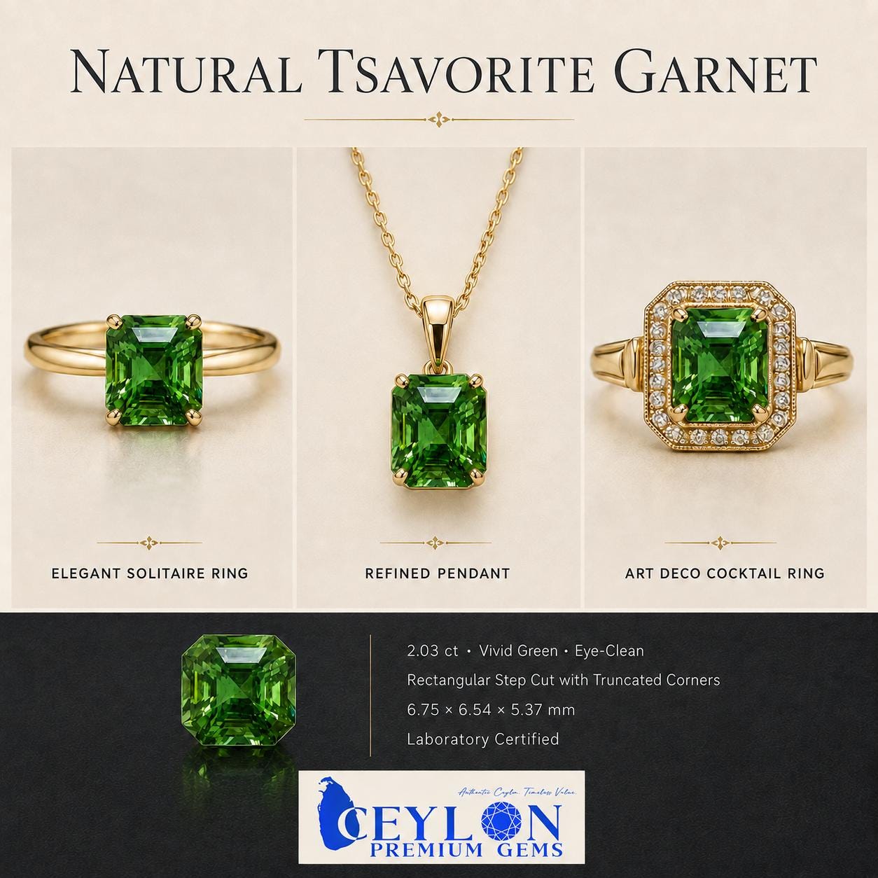 Natural Tsavorite Garnet: 2.03ct Vivid Green Step Cut (6.75x6.54x5.34mm)